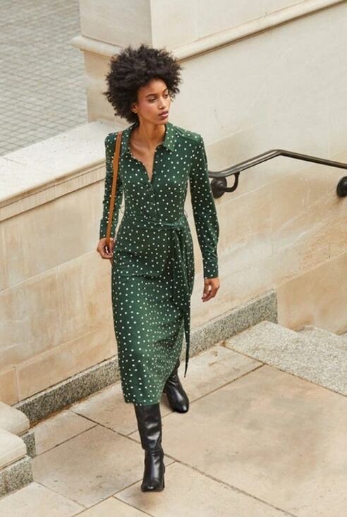 Boden Dresses & Skirts - BODEN Dress Laura Jersey Knit Midi Dk Green Polka Dot sz 6 Long Tall Modern Prep